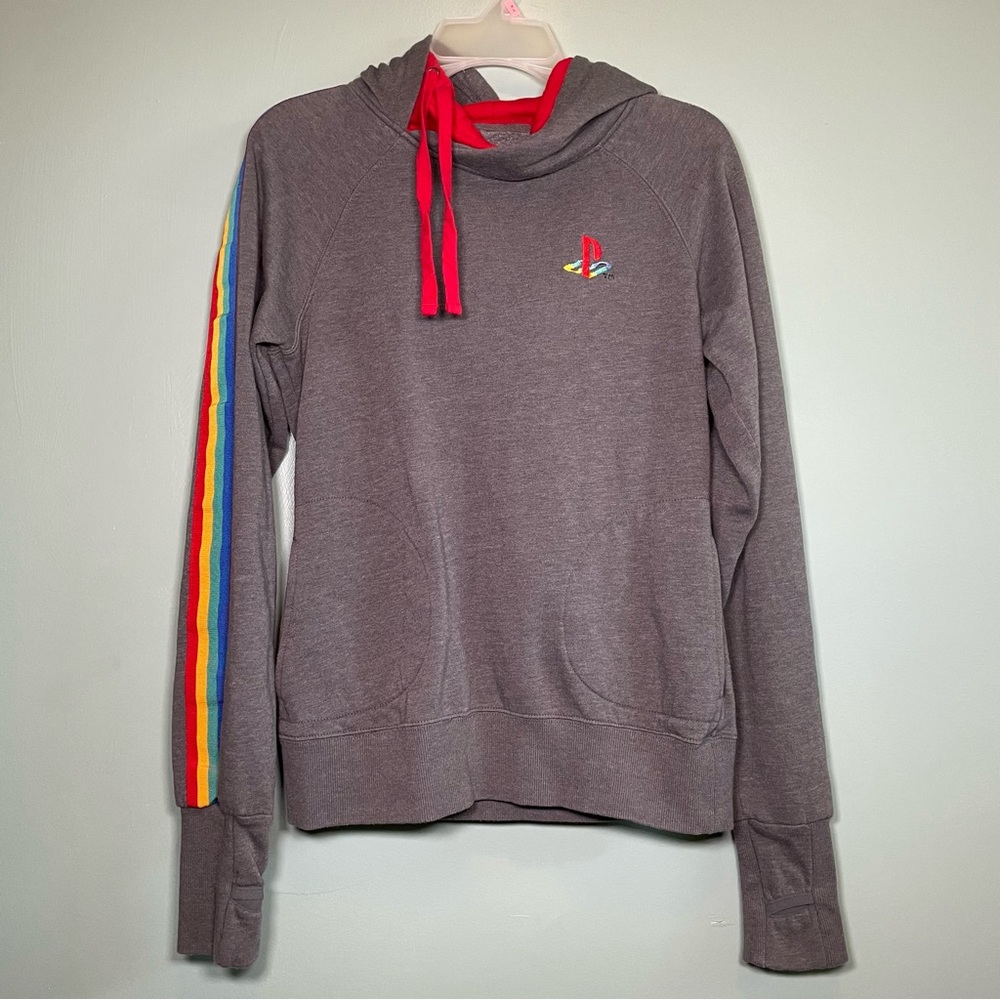 Official Sony PlayStation Stripe Hoodie Gray Red Size Medium 2015, rn138593